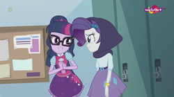 Size: 1136x638 | Tagged: safe, screencap, rarity, sci-twi, twilight sparkle, equestria girls, equestria girls specials, g4, my little pony equestria girls: dance magic, bowtie, bracelet, clothes, crystal prep academy, cute, glasses, grin, jewelry, lockers, looking at each other, nervous, nervous smile, ponytail, skirt, smiling, teletoon
