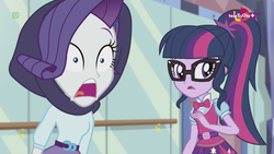 Size: 1135x638 | Tagged: safe, screencap, rarity, sci-twi, twilight sparkle, equestria girls, equestria girls specials, g4, my little pony equestria girls: dance magic, bowtie, clothes, crystal prep academy, female, glasses, mirror, open mouth, ponytail, reaction image, shock, shocked, shrunken pupils, skirt, teletoon