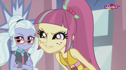 Size: 1136x638 | Tagged: safe, screencap, sour sweet, sugarcoat, equestria girls, equestria girls specials, g4, my little pony equestria girls: dance magic, crossed arms, crystal prep academy, duo, evil grin, female, freckles, glasses, grin, ponytail, smiling, smug, teletoon, u mad