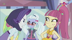Size: 1136x638 | Tagged: safe, screencap, lemon zest, rarity, sour sweet, sugarcoat, dance magic, equestria girls, equestria girls specials, g4, angry, clothes, crystal prep academy, female, freckles, glasses, group, hand on hip, headphones, open mouth, ponytail, raised eyebrow, skirt, teletoon