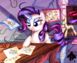 Size: 2800x2300 | Tagged: safe, artist:katakiuchi4u, rarity, pony, unicorn, g4, carousel boutique, drawing, eyeshadow, fabric, female, glasses, glowing horn, high res, horn, lidded eyes, magic, makeup, mannequin, mare, ponyquin, sketch, solo