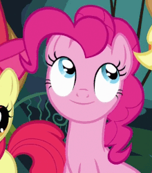 Size: 512x581 | Tagged: safe, screencap, apple bloom, applejack, pinkie pie, pony, g4, pinkie apple pie, animated, cropped, female, gif, looking up, loop, solo focus