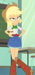 Size: 236x503 | Tagged: safe, screencap, applejack, equestria girls, g4, my little pony equestria girls, annoyed, applejack is not amused, applejack's hat, boots, chair, chalkboard, classroom, clothes, cowboy boots, cowboy hat, cropped, crossed legs, denim skirt, desk, female, freckles, hand in pocket, hat, lidded eyes, pose, skirt, solo, stetson, table, unamused