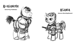 Size: 1200x736 | Tagged: safe, artist:velgarn, oc, oc only, earth pony, pony, unicorn, adventurer, armor, barbarian, dungeons and dragons, pathfinder, rpg, seeds of harmony, sketch, spellsword