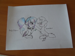 Size: 4608x3456 | Tagged: safe, artist:emilyclise, oc, oc only, cat pony, original species, pegasus, pony, unicorn, boop, high res, photo, traditional art