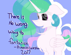 Size: 512x393 | Tagged: safe, artist:littlelynxs04, princess celestia, pony, celestial advice, g4, blue background, chest fluff, female, quote, simple background, solo, there is no wrong way to fantasize