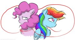 Size: 1024x532 | Tagged: safe, artist:cozmicpandawolf, pinkie pie, rainbow dash, pony, g4, back to back, implied lesbian, implied pinkiedash, implied shipping, red string of destiny, simple background, white background