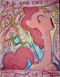 Size: 1024x1299 | Tagged: safe, artist:project-parallel, pinkie pie, earth pony, pony, g4, female, long neck, misspelling, solo, traditional art, wat