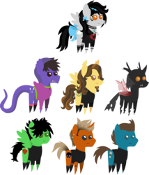 Size: 2284x2672 | Tagged: safe, artist:lightningbolt, derpibooru exclusive, oc, oc:lightning dee, changeling, cobra, earth pony, hybrid, original species, pegasus, pony, snake pony, unicorn, .svg available, bags under eyes, bow, brent wilson, chest fluff, choker, clandestine industries, clothes, cobra starship, ear fluff, ear piercing, earring, eyeliner, face paint, fangs, female, forked tongue, frown, gabe saporta, green day, grin, hair over one eye, high res, hood, hoodie, jewelry, makeup, male, mare, mike dirnt, necklace, piercing, pointy ponies, ponified, red changeling, sad, shirt, shoes, show accurate, simple background, smiling, socks, spiked choker, spiked wristband, stallion, svg, t-shirt, tail bow, tank top, tattoo, the academy is..., tongue out, transparent background, trap, tré cool, vector, wavy mane, william beckett, wings, wristband