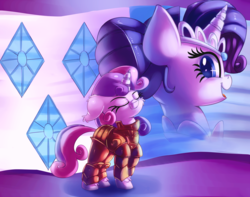 Size: 2000x1572 | Tagged: safe, artist:discorded, rarity, sweetie belle, pony, unicorn, forever filly, g4, armor, cutie mark, eyes closed, female, filly, jewelry, looking back, mare, open mouth, smiling, tiara