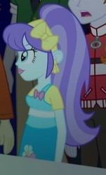 Size: 214x354 | Tagged: safe, screencap, aqua blossom, heath burns, indigo wreath, normal norman, equestria girls, g4, my little pony equestria girls: rainbow rocks, background human, bowtie, clothes, cropped, ear piercing, earring, female, flower, jacket, jewelry, pants, piercing, solo focus