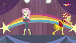 Size: 1600x908 | Tagged: safe, screencap, fluttershy, sunset shimmer, human, equestria girls, equestria girls specials, g4, my little pony equestria girls: dance magic, alternate hairstyle, ballet slippers, clothes, duo, female, flamenco dress, high heels, shoes, skirt, street ballet tutu, sunset shimmer flamenco dress, teletoon, tutu