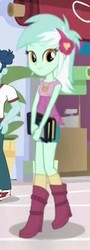 Size: 190x528 | Tagged: safe, screencap, curly winds, lyra heartstrings, some blue guy, equestria girls, equestria girls specials, g4, my little pony equestria girls: dance magic, blurry, book, boots, cash register, clothes, cropped, female, high heel boots, jewelry, looking at you, lyra heartstrings (human), necklace, plant, raised leg, shoes, shorts, smiling, socks, solo focus
