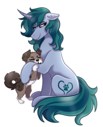 Size: 1459x1800 | Tagged: safe, artist:monnarcha, oc, oc only, dog, pony, unicorn, curved horn, female, floppy ears, hoers, horn, mare, simple background, sitting, solo, transparent background