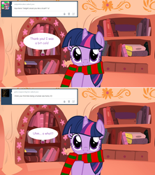Size: 1280x1444 | Tagged: safe, artist:hakunohamikage, twilight sparkle, alicorn, pony, ask-princesssparkle, g4, ask, clothes, female, golden oaks library, scarf, solo, tumblr, twilight sparkle (alicorn)