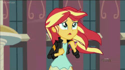Size: 600x337 | Tagged: safe, screencap, sunset shimmer, equestria girls, g4, my little pony equestria girls: friendship games, animated, canterlot high, clothes, discovery family logo, female, gif, jacket, leather jacket, loop, magic capture device, solo, wind, windswept mane