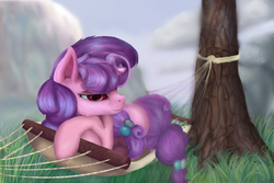 Size: 3000x2000 | Tagged: safe, artist:drafthoof, sugar belle, pony, g4, hard to say anything, female, hammock, high res, looking down, solo, tree