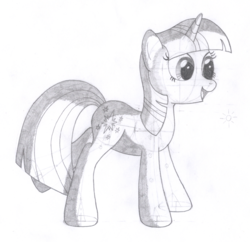 Size: 1370x1326 | Tagged: safe, artist:aafh, twilight sparkle, pony, unicorn, g4, female, grayscale, monochrome, open mouth, raised leg, simple background, smiling, solo, traditional art, white background