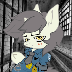 Size: 1098x1092 | Tagged: safe, oc, oc only, oc:short fuse, pony, unicorn, clothes, cuffs, male, prison, solo, stallion, trap, warden