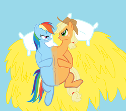 Size: 1145x1009 | Tagged: safe, artist:theunknowenone1, applejack, rainbow dash, pony, g4, blue background, conjoined, female, multiple heads, pillow, pregnant, ship:appledash, simple background, two heads, wat