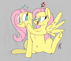 Size: 1000x858 | Tagged: safe, artist:bylthedoctor, fluttershy, pegasus, pony, g4, belly button, conjoined, cross-popping veins, duo, emanata, floating heart, flutters, gray background, heart, multiple heads, self ponidox, selfcest, ship:shyshy, shipping, simple background, spread wings, that's not how wings work, two heads, two-headed fluttershy, wingboner, wings