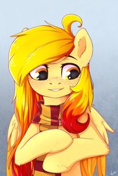 Size: 909x1351 | Tagged: safe, artist:kaylemi, oc, oc only, pegasus, pony, bust, clothes, female, freckles, gradient background, mare, portrait, scarf, smiling, solo