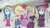 Size: 1136x638 | Tagged: safe, screencap, applejack, lemon zest, pinkie pie, rainbow dash, sunny flare, equestria girls, equestria girls specials, g4, my little pony equestria girls: dance magic, balloon, bowtie, bracelet, clothes, compression shorts, cowboy hat, crystal prep academy uniform, cute, denim skirt, eyes closed, female, freckles, group, hand on hip, hat, headphones, jewelry, mall, one eye closed, open mouth, plant, pleated skirt, school uniform, shorts, skirt, smiling, stetson, teletoon, wristband