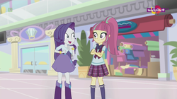 Size: 1136x638 | Tagged: safe, screencap, rarity, sour sweet, equestria girls, equestria girls specials, g4, my little pony equestria girls: dance magic, boots, clothes, crystal prep academy uniform, duo, female, freckles, mall, pleated skirt, ponytail, school uniform, shoes, skirt, smiling, socks, teletoon