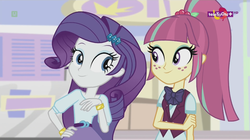 Size: 1136x638 | Tagged: safe, screencap, rarity, sour sweet, equestria girls, equestria girls specials, g4, my little pony equestria girls: dance magic, bowtie, bracelet, clothes, crystal prep academy uniform, duo, female, freckles, jewelry, looking at each other, ponytail, school uniform, teletoon