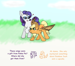 Size: 1250x1100 | Tagged: safe, artist:eulicious, applejack, rarity, pegasus, pony, fanfic:cupcakes, g4, butt touch, cloud, feathermarking, female, flapplejack, heart, implied cupcakes, implied murder, implied pinkie pie, implied rainbow dash, lesbian, race swap, ship:rarijack, shipping, text