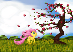Size: 4630x3307 | Tagged: safe, artist:momentical, fluttershy, pony, g4, beautiful, cloud, cute, female, flower, folded wings, grass field, high res, leaf, leaves, looking at something, looking up, solo, tree, walking, wind, wind blowing, windswept hair, windswept mane