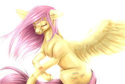 Size: 1500x1000 | Tagged: safe, artist:nastyafaer, fluttershy, pony, g4, backlighting, eyes closed, female, floppy ears, flying, simple background, smiling, solo, white background, windswept mane