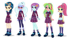 Size: 1387x747 | Tagged: safe, indigo zap, lemon zest, sour sweet, sugarcoat, sunny flare, equestria girls, g4, my little pony equestria girls: friendship games, bowtie, clothes, crystal prep academy uniform, ear piercing, earring, female, freckles, glasses, goggles, group, headphones, jewelry, looking at you, piercing, school uniform, shadow five, shoes, simple background, socks, white background, wristband