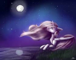 Size: 1254x1000 | Tagged: safe, artist:domagiv, princess celestia, alicorn, pony, g4, crying, female, floppy ears, grass, looking up, mare in the moon, moon, night, pink-mane celestia, prone, reflection, ripple, solo, stars, water