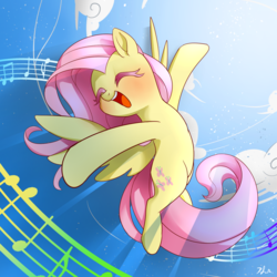 Size: 1500x1500 | Tagged: safe, artist:renokim, fluttershy, pegasus, pony, filli vanilli, g4, blushing, cloud, colored eyelashes, cute, enjoying, eyes closed, female, flying, happy, music in the treetops, music notes, open mouth, shyabetes, singing, smiling, solo, spread wings, wings