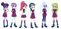 Size: 1365x647 | Tagged: safe, indigo zap, lemon zest, sci-twi, sour sweet, sugarcoat, sunny flare, twilight sparkle, equestria girls, g4, my little pony equestria girls: friendship games, book, bowtie, clothes, crystal prep academy uniform, ear piercing, earring, female, freckles, glasses, goggles, group, hand on hip, hands behind back, headphones, jewelry, looking at you, necktie, piercing, school uniform, shadow five, shadow six, shoes, socks, waving, wristband