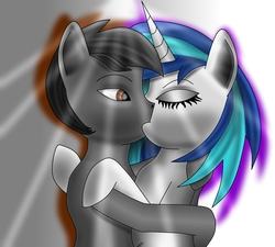 Size: 1300x1170 | Tagged: safe, edit, dj pon-3, vinyl scratch, oc, oc:howl, earth pony, pony, unicorn, g4, canon x oc, duo, hug, kissing, remake, shipping