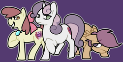 Size: 1617x822 | Tagged: safe, artist:/d/non, apple bloom, scootaloo, sweetie belle, earth pony, pony, g4, 30 minute art challenge, apple bling, cutie mark crusaders, discorded, female, jewelry, meanie belle, scootaloser