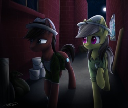 Size: 2600x2200 | Tagged: safe, artist:doekitty, daring do, oc, oc:phillip finder, pony, fanfic:ponyville noire, g4, alley, building, clothes, colored pupils, commission, duo, fanfic, fanfic art, female, hat, high res, jacket, male, mare, moon, night, phiring, stallion, trilby
