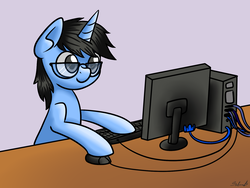 Size: 1600x1200 | Tagged: artist needed, safe, oc, oc only, oc:tinker doo, pony, unicorn, computer, glasses, male, solo, stallion
