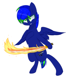 Size: 1858x2141 | Tagged: safe, artist:php146, oc, oc only, oc:audio jack, pegasus, pony, bipedal, fire, flaming sword of fire, male, shrunken pupils, simple background, solo, stallion, sword, transparent background, weapon