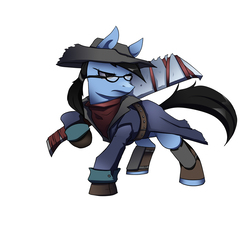 Size: 950x863 | Tagged: safe, artist:yeyeialba, oc, oc only, oc:tinker doo, pony, unicorn, bloodborne, clothes, cosplay, costume, glasses, hat, simple background, solo, sword, weapon, white background