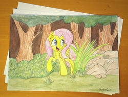 Size: 2411x1832 | Tagged: safe, artist:sentireaeris, fluttershy, pegasus, pony, g4, female, grass, happy, mare, open mouth, smiling, solo, traditional art, tree
