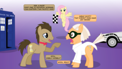 Size: 1920x1080 | Tagged: safe, artist:mandydax, edit, doctor whooves, fluttershy, time turner, earth pony, pegasus, pony, g4, back to the future, bowtie, checkered flag, crossover, delorean, dialogue, doc brown, doctor who, glasses, inkscape, male, ponified, stallion, tardis, the doctor, vector, wallpaper, wallpaper edit