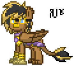 Size: 580x520 | Tagged: safe, artist:radical user 76, oc, oc only, oc:geir gaiya, griffon, armor, aviator goggles, claws, goggles, leg rings, paws, pixel art, simple background, solo, talons, white background