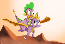 Size: 1920x1280 | Tagged: safe, artist:egstudios93, spike, dragon, g4, crossover, dragons riding dragons, flying, riding, spike riding spyro, spyro the dragon, spyro the dragon (series)