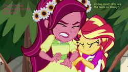 Size: 1280x720 | Tagged: safe, edit, edited screencap, screencap, gloriosa daisy, sunset shimmer, equestria girls, g4, my little pony equestria girls: legend of everfree, camp everfree, camp everfree outfits, eyes closed, flower, flower in hair, gritted teeth, pregnant, pregnant edit, tree
