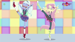 Size: 1920x1080 | Tagged: safe, screencap, fluttershy, sugarcoat, equestria girls, equestria girls specials, g4, my little pony equestria girls: dance magic, ballet slippers, clothes, converse, cute, dancing, duo, eyes closed, female, flexible, glasses, ponied up, pony ears, pose, shoes, skirt, sneakers, socks, sugarcoat tutu, teletoon, wings