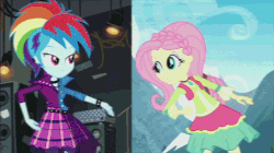 Size: 600x337 | Tagged: safe, screencap, applejack, fluttershy, pinkie pie, rainbow dash, rarity, twilight sparkle, equestria girls, friendship through the ages, g4, my little pony equestria girls: rainbow rocks, alternate hairstyle, animated, clothes, country applejack, female, folk fluttershy, gif, glasses, group, humane five, humane six, motion blur, new wave pinkie, rainbow punk, skirt