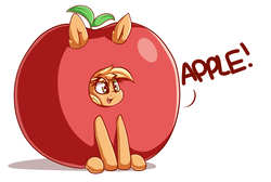 Size: 1280x858 | Tagged: safe, artist:graphene, applejack, earth pony, pony, g4, apple, applejack becoming an apple, clothes, costume, female, food, food costume, food transformation, impossibly large ears, mare, silly, silly pony, simple background, solo, that pony sure does love apples, transformation, white background, who's a silly pony